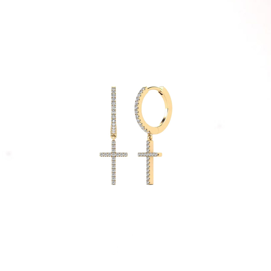 14K Solid Gold Diamond Cross Charm Huggie Hoops