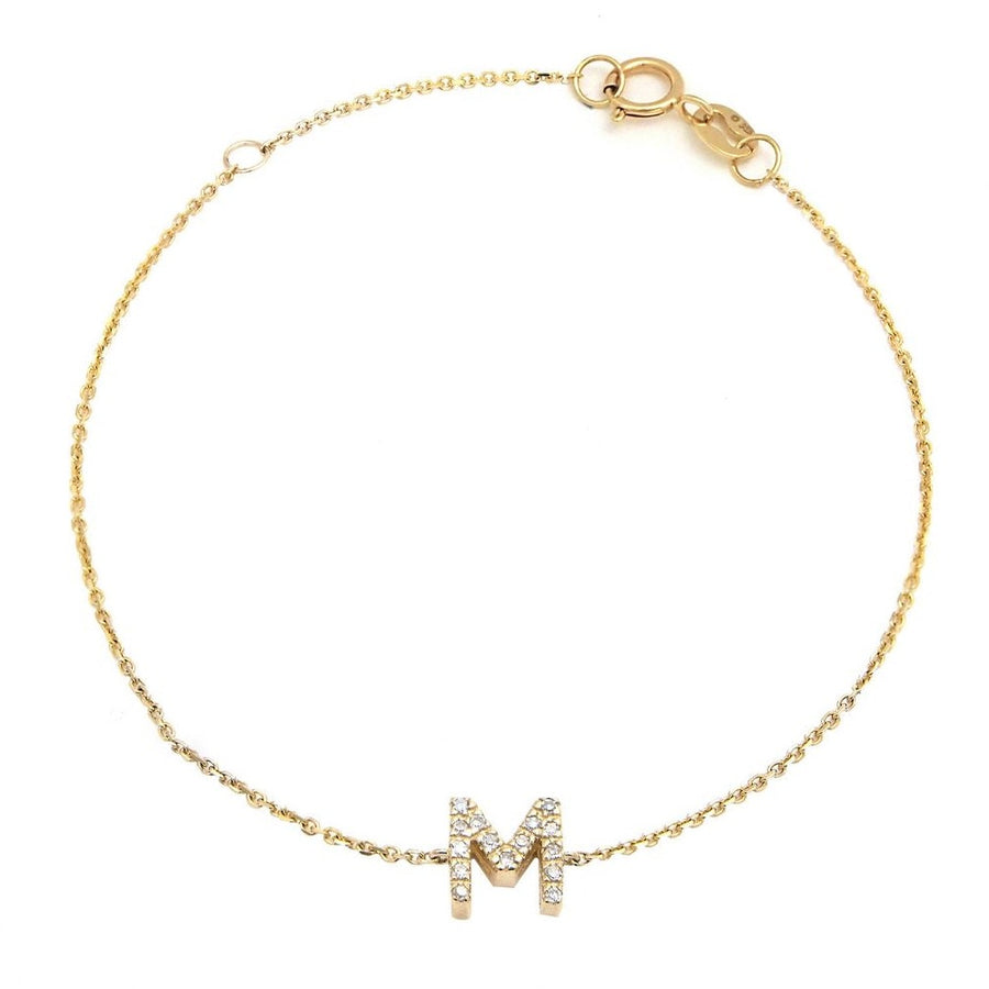 14K Solid Yellow Gold Pave Diamond Initial Bracelet