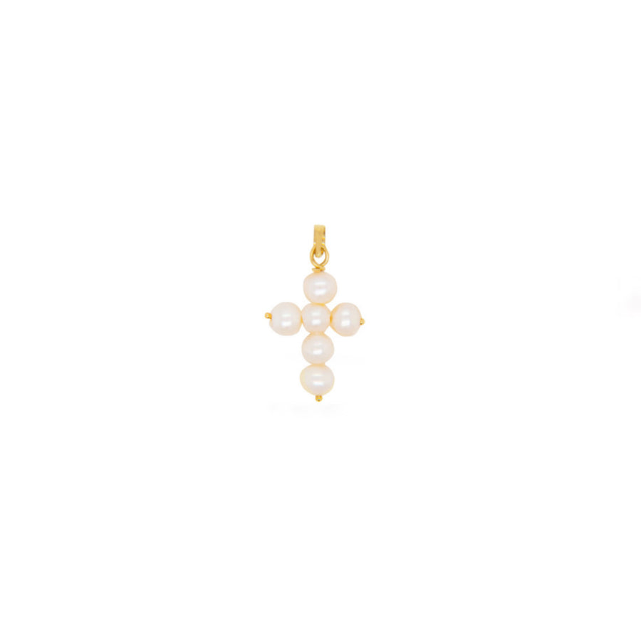 14K Solid Gold Fresh Water Pearls Cross Pendant