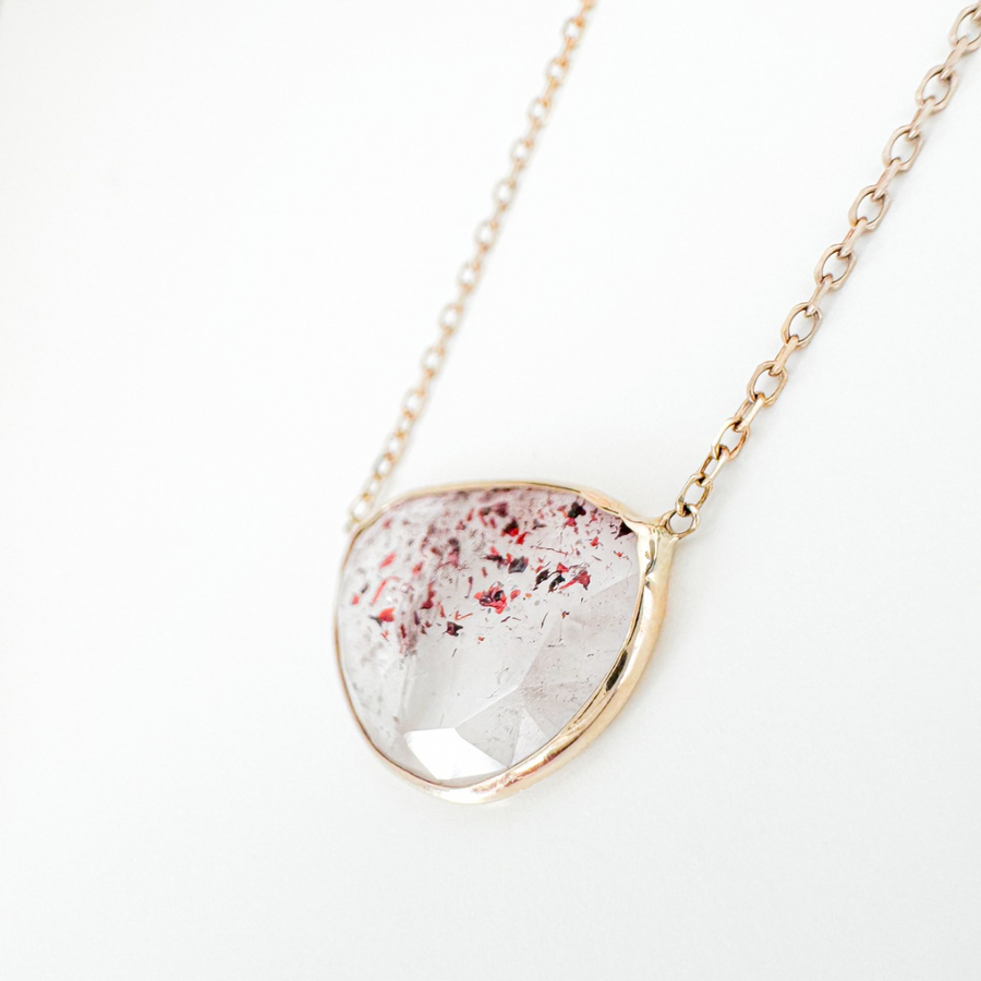 14K Solid Yellow Gold Strawberry Quartz Shaped Necklace