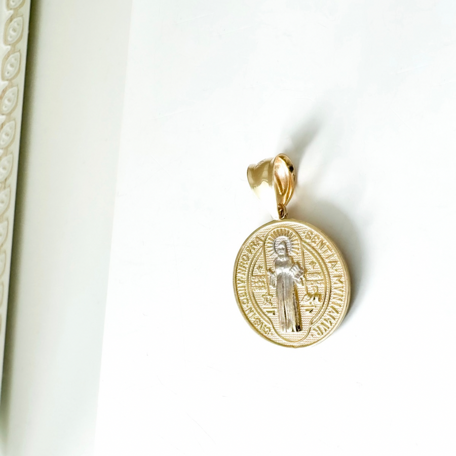 14K Solid Yellow and White Gold Saint Benedict Medal