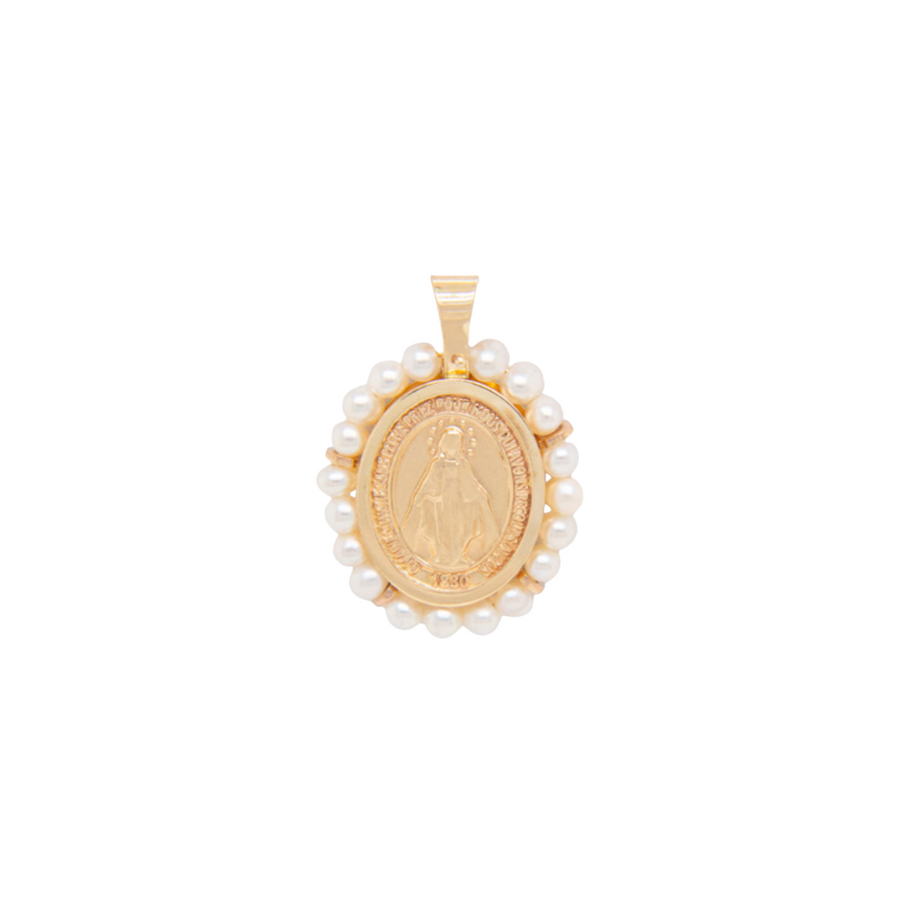 14K Solid Yellow Gold Miraculous Virgin Medal with Pearls