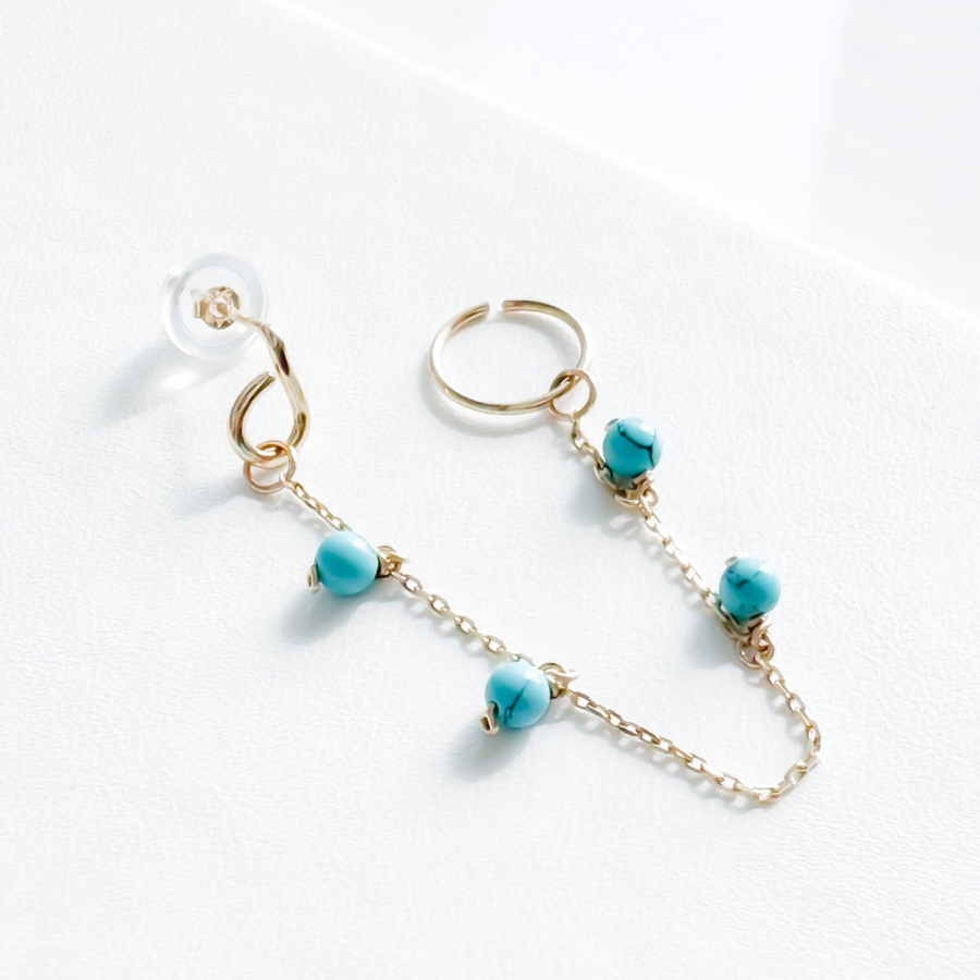 14K Solid Yellow Gold Turquoise Chain and Hoop Connected Earring