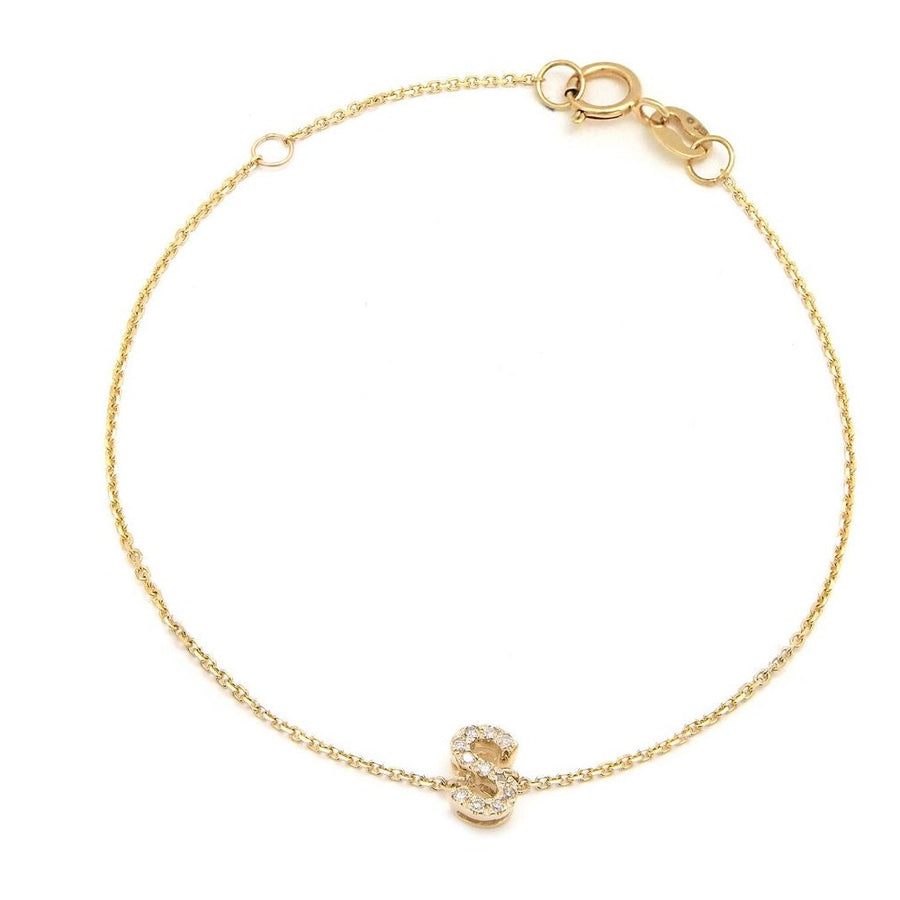 14K Solid Yellow Gold Pave Diamond Initial Bracelet