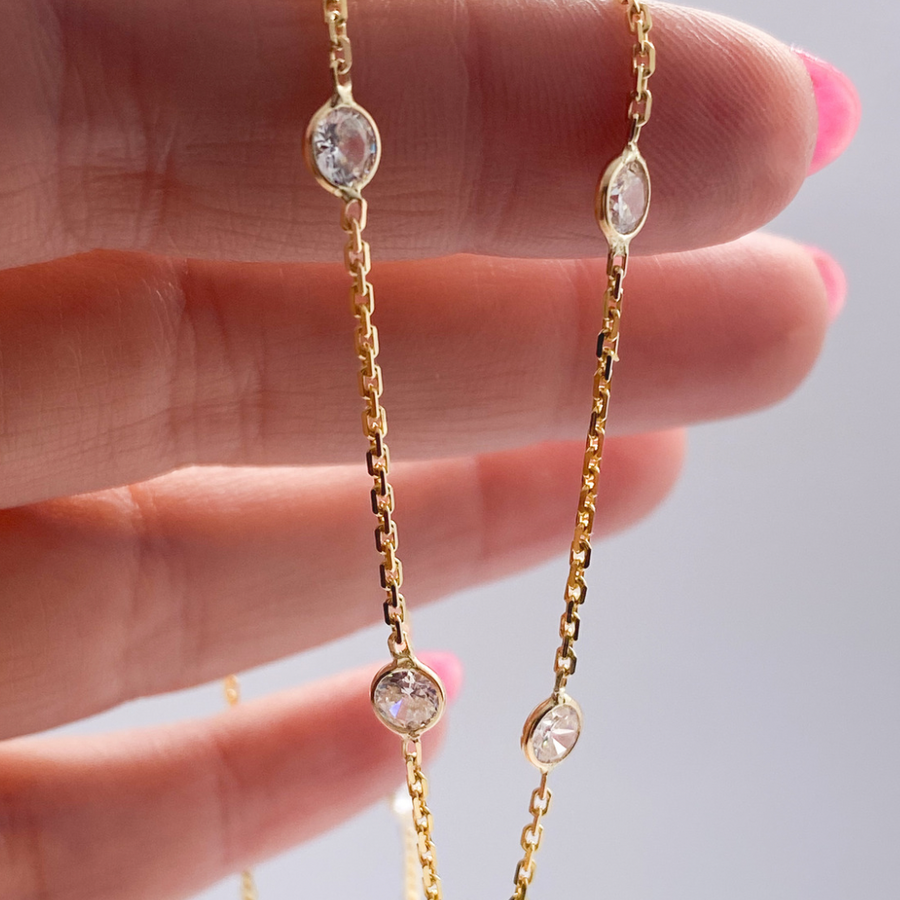 14K Solid Yellow Gold CZ Bezel Necklace 18”