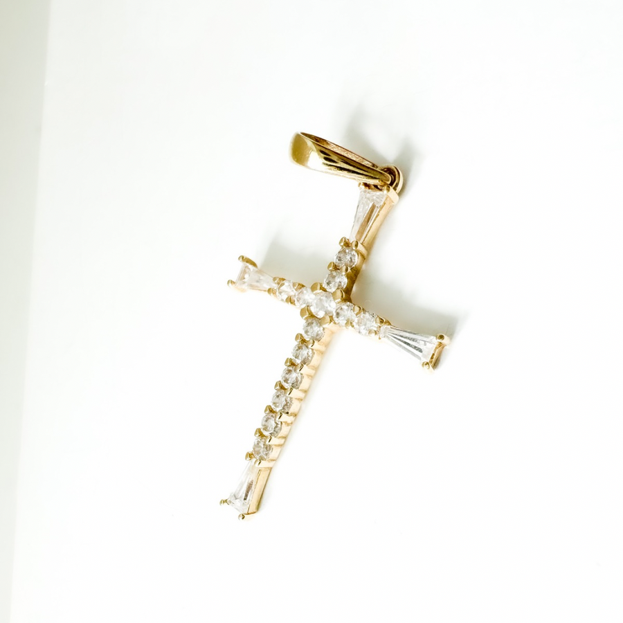 14K Solid Yellow Gold Cubic Zirconias Cross Pendant