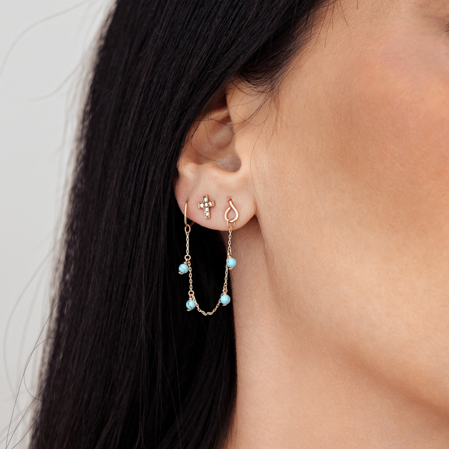 14K Solid Yellow Gold Turquoise Chain and Hoop Connected Earring