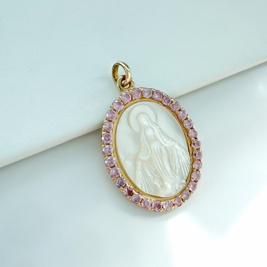 14K Solid Yellow Gold Mother of Pearls Miraculous Birthstone Custom Medal