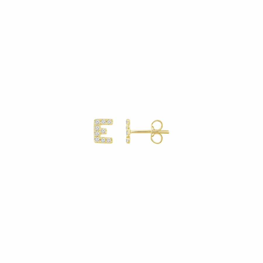 18K Solid Gold Initial E Diamond Earring