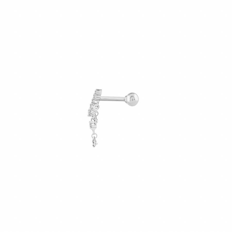 18K Solid White Gold Triple Teardrop Diamond Bar Screw Back Piercing