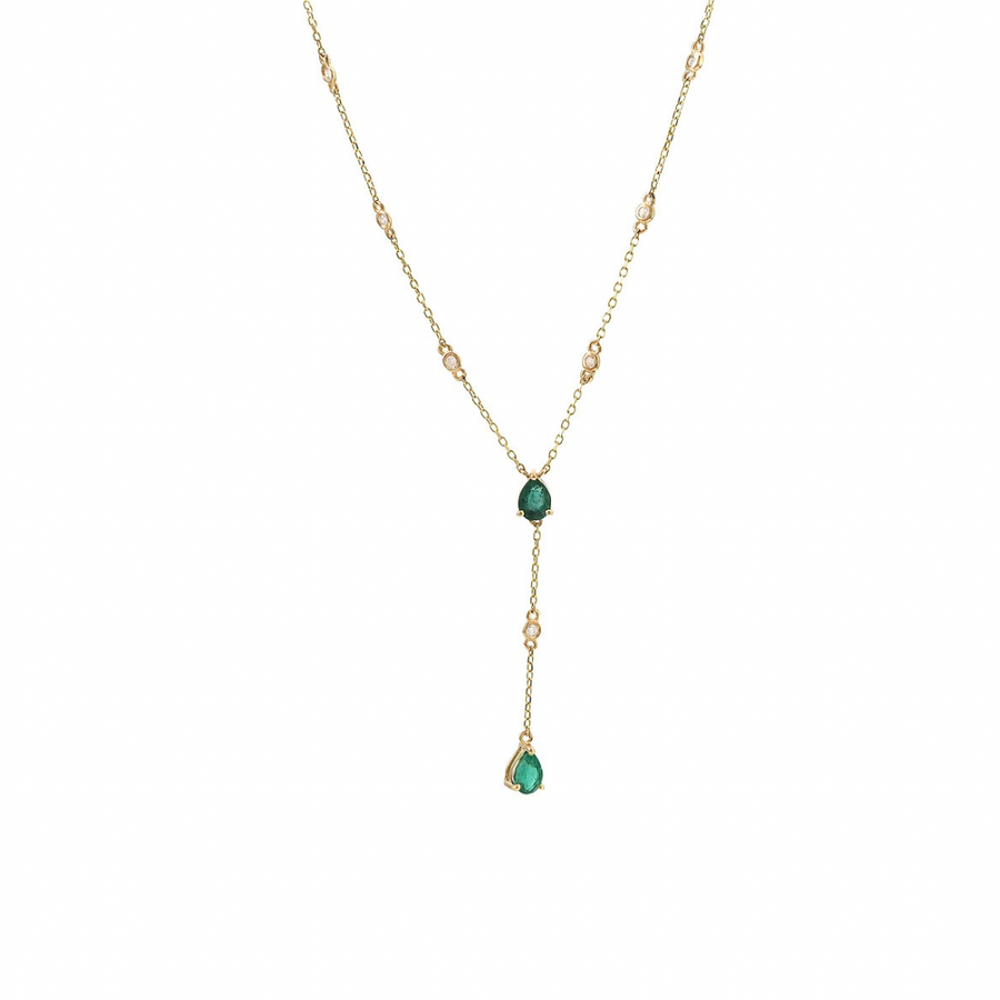 14K Solid Yellow Gold Emerald and Diamond Lariat Necklace