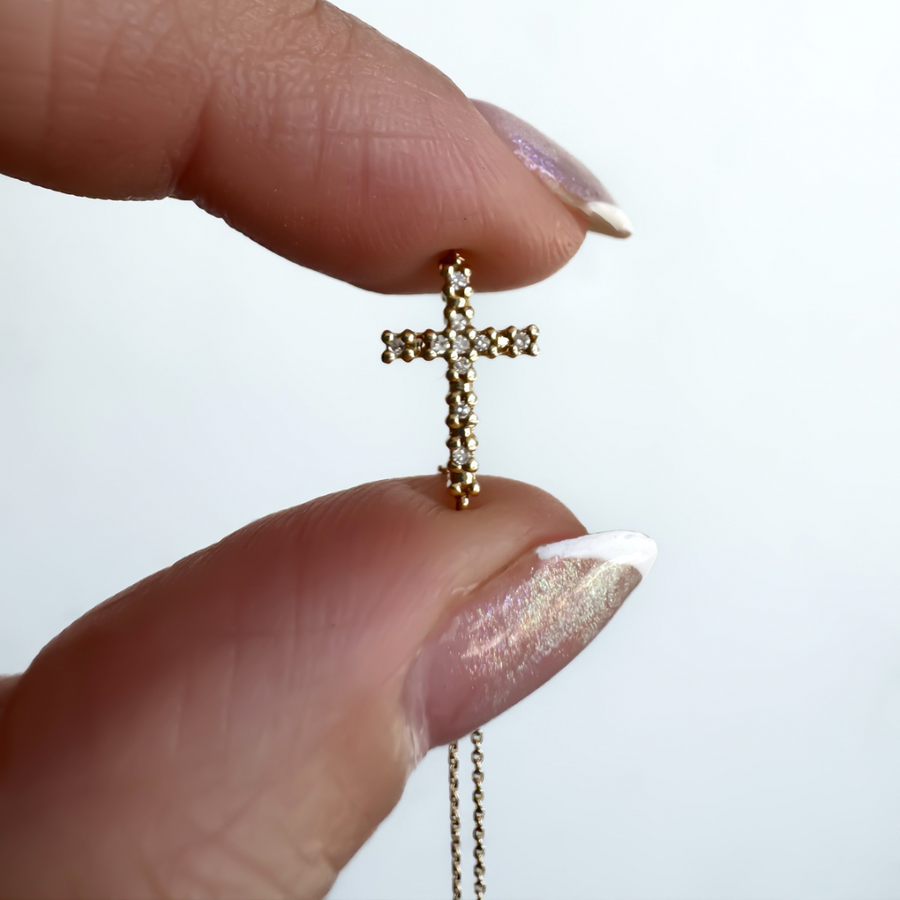 14K Solid Gold Diamond Lateral Cross Necklace