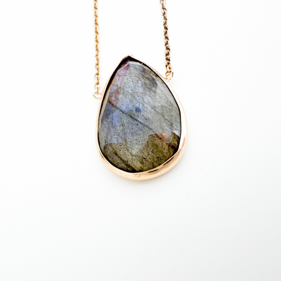 14K Solid Yellow Gold Labradorite Necklace