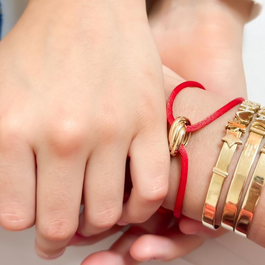 14K Solid Yellow Gold Trinity Red Silk Adjustable Unisex Bracelet