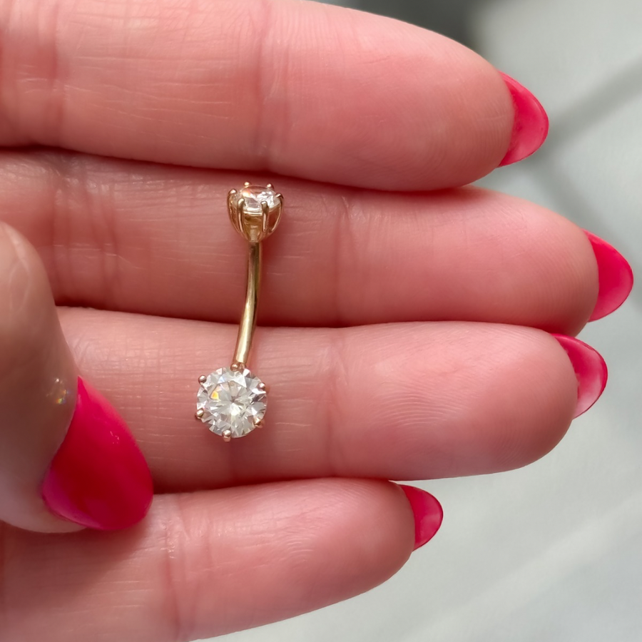 14K Solid Yellow Gold CZ Bezel Ball & CZ Belly Button Ring