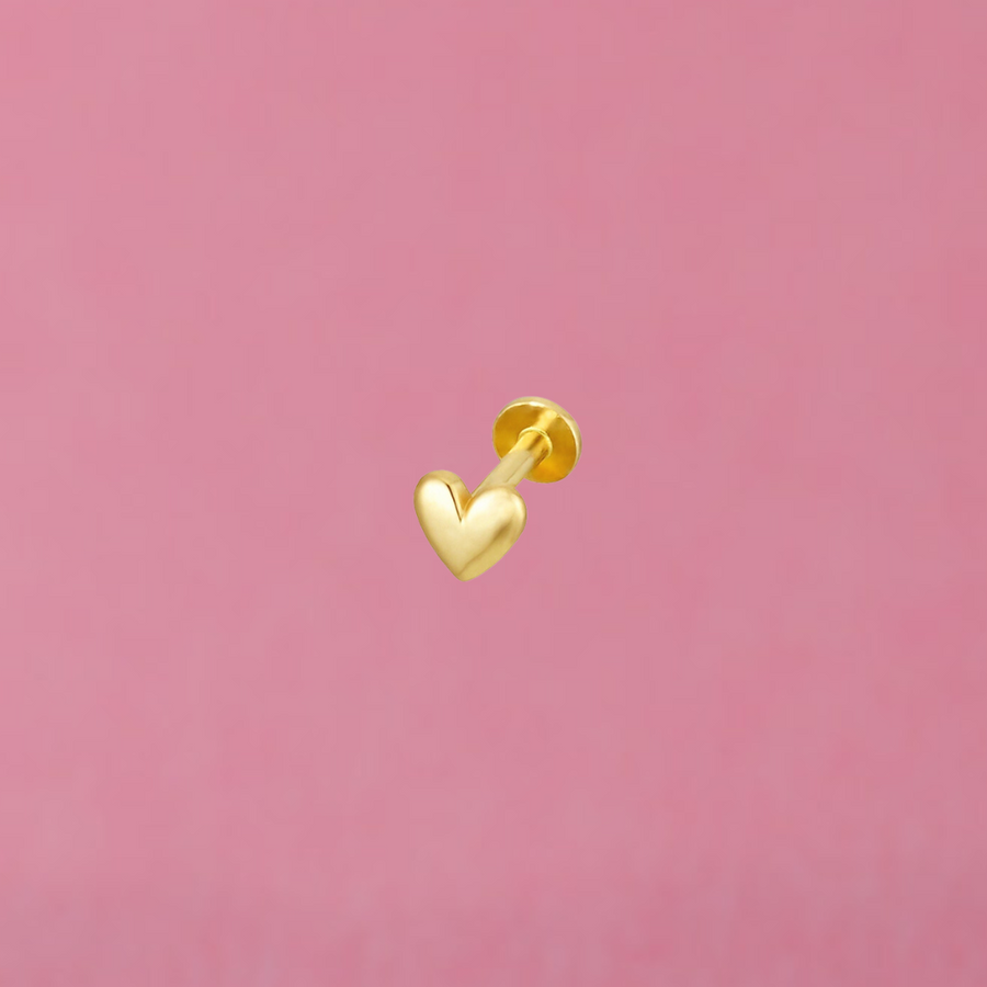 14K Solid Yellow Gold Puff Heart Piercing Earring