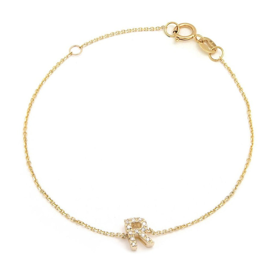 14K Solid Yellow Gold Pave Diamond Initial Bracelet