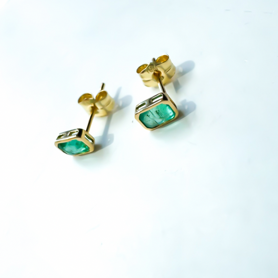 18K Solid Yellow Gold Square Emerald Earrings