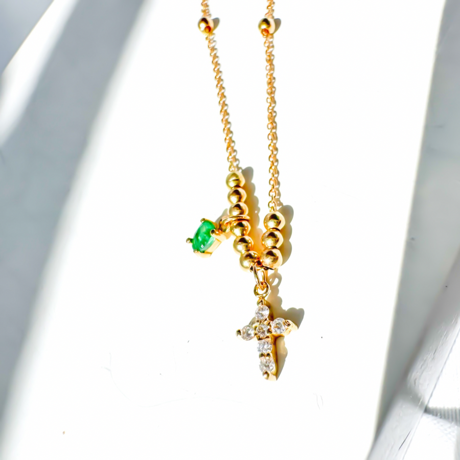 18K Solid Yellow Gold Rosary Beaded Necklace with Diamonds and Emerald