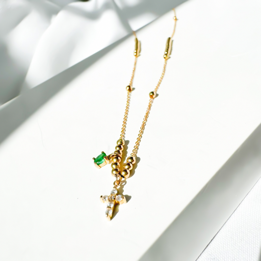 18K Solid Yellow Gold Rosary Beaded Necklace with Diamonds and Emerald