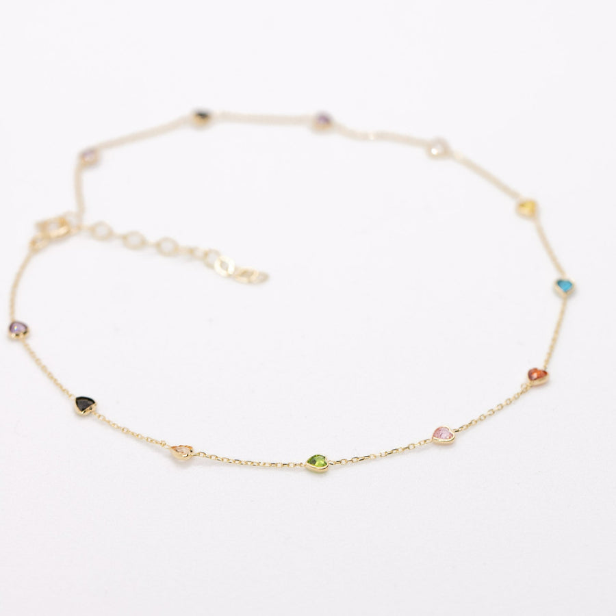 14K Solid Yellow Gold Multi Color Heart CZ Anklet