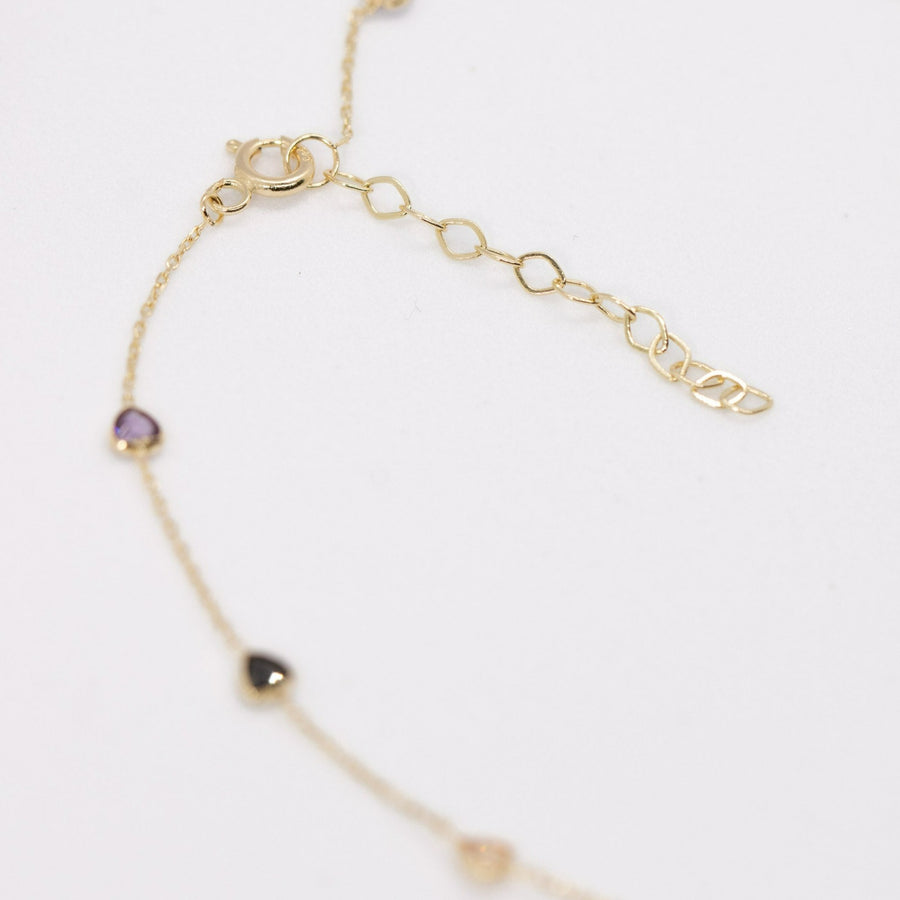 14K Solid Yellow Gold Multi Color Heart CZ Anklet