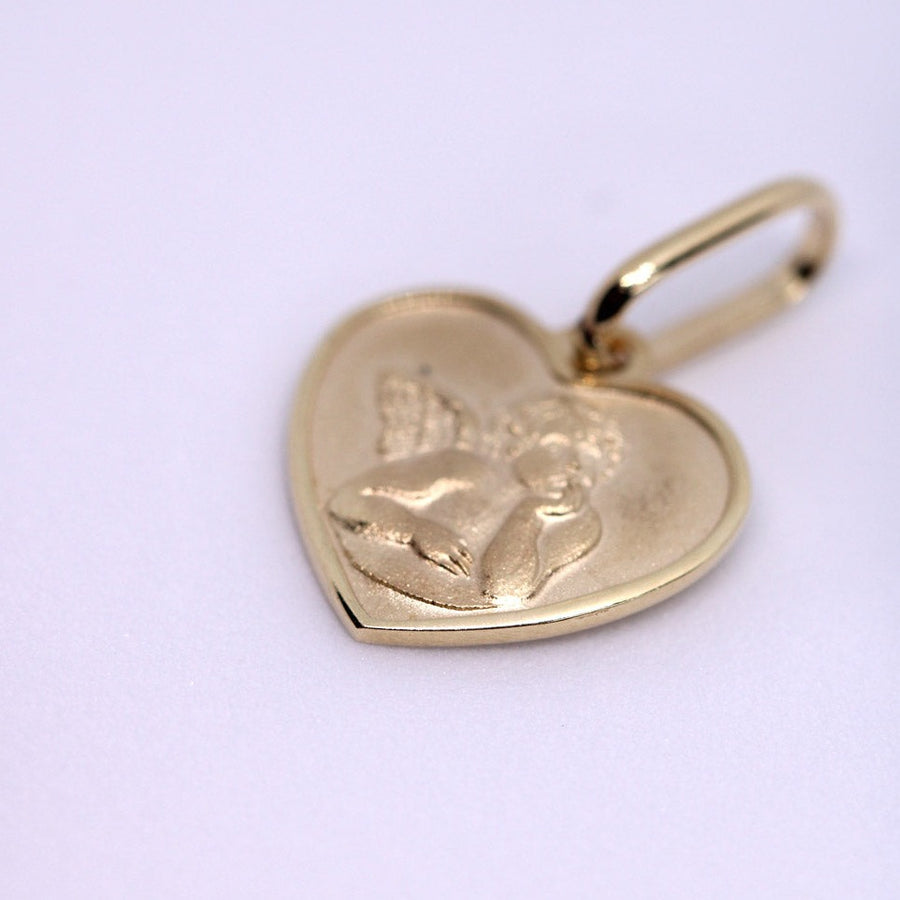 14K Solid Yellow Gold Heart Italian Guardian Angel Medal