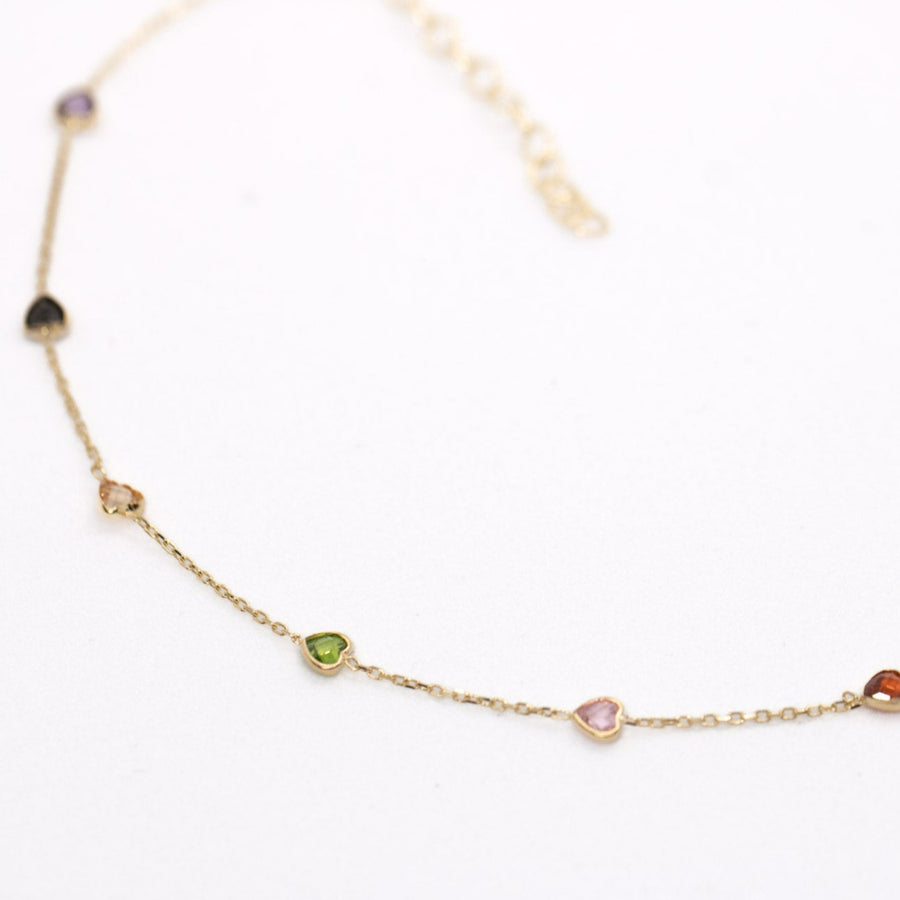 14K Solid Yellow Gold Multi Color Heart CZ Anklet