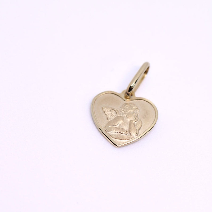 14K Solid Yellow Gold Heart Italian Guardian Angel Medal