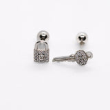 925 Sterling Silver CZ Mismatched Key & Locket Screw Back Earrings