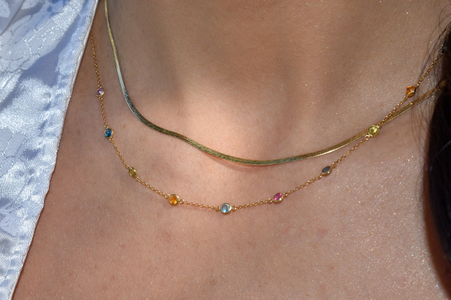 18K Solid Yellow Gold Bezel Semi Precious Stones Necklace