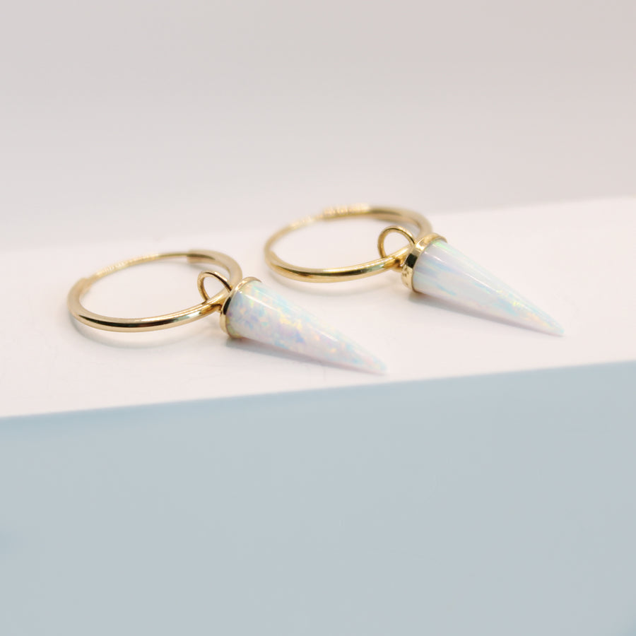 14K Solid Yellow Gold Opal Hoops