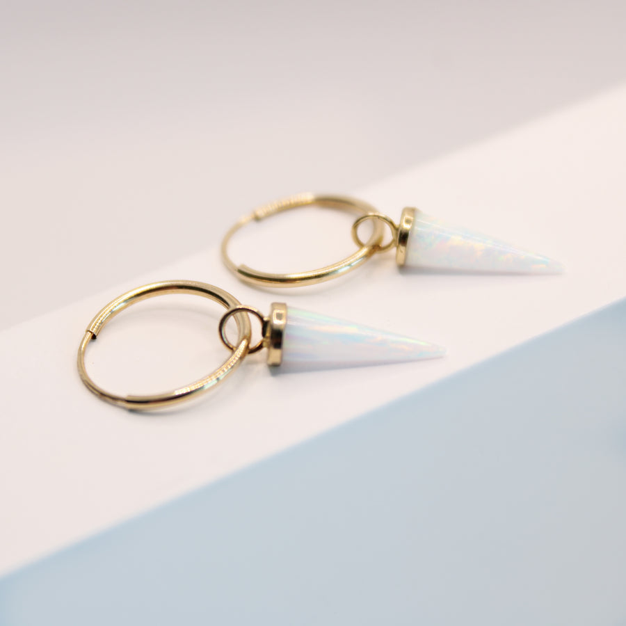 14K Solid Yellow Gold Opal Hoops