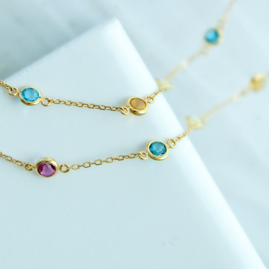 18K Solid Yellow Gold Bezel Semi Precious Stones Necklace