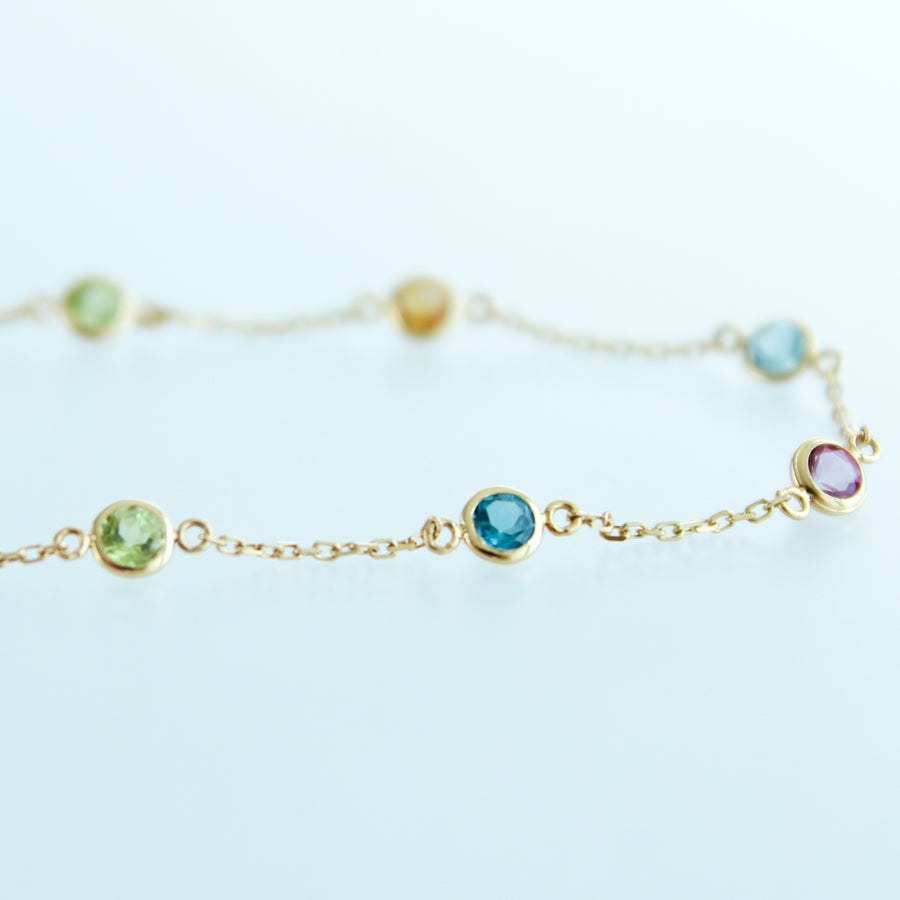 18K Solid Yellow Gold Bezel Semi Precious Stones Necklace