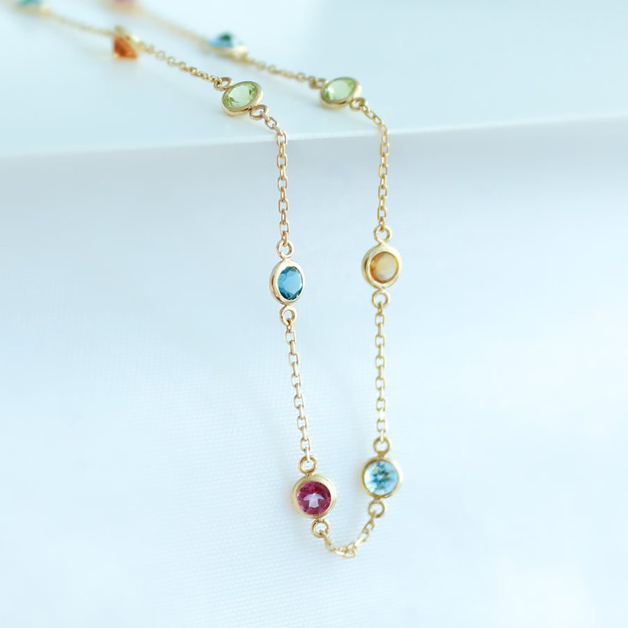 18K Solid Yellow Gold Bezel Semi Precious Stones Necklace