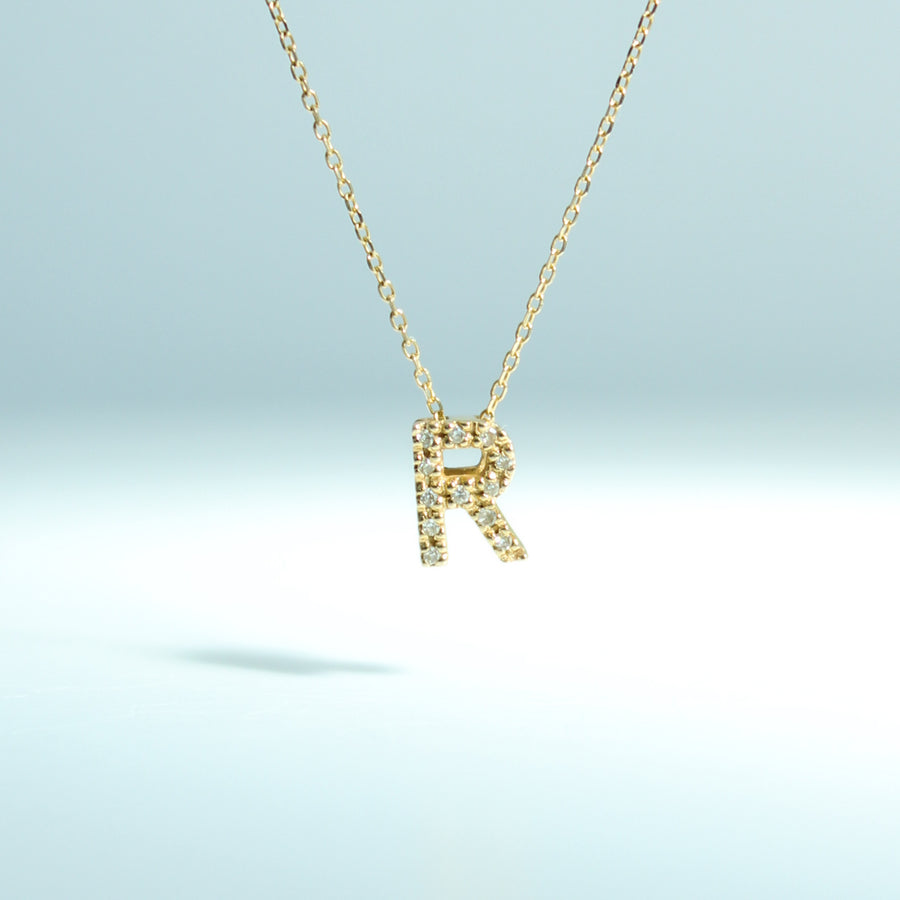 14K Solid Yellow Gold Initial Diamond Necklace