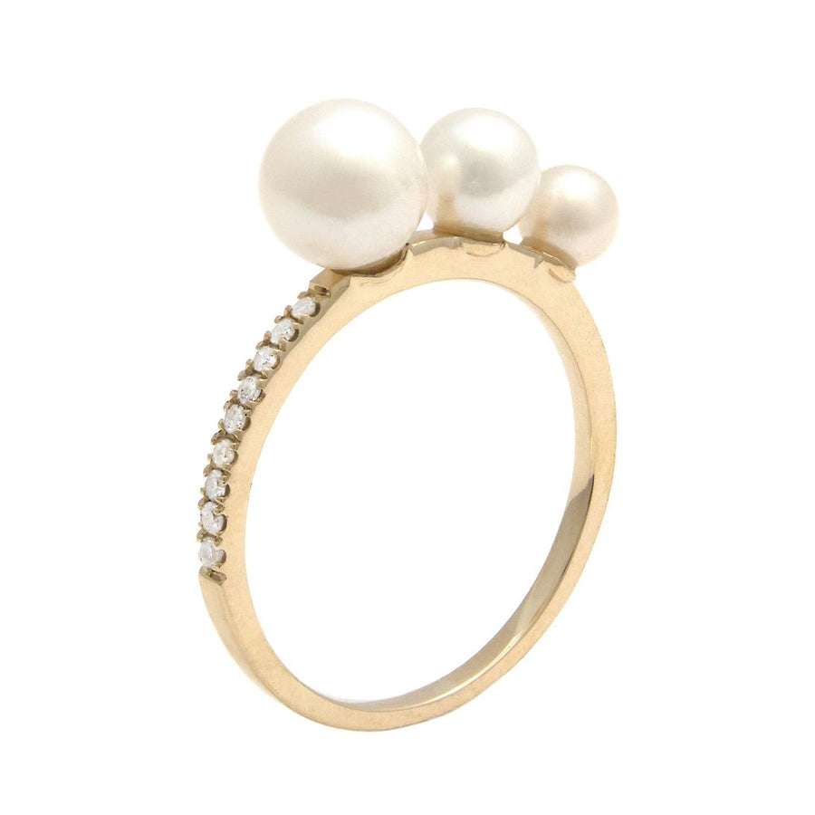 14K Solid Gold Pearls Ring with Pave Diamonds