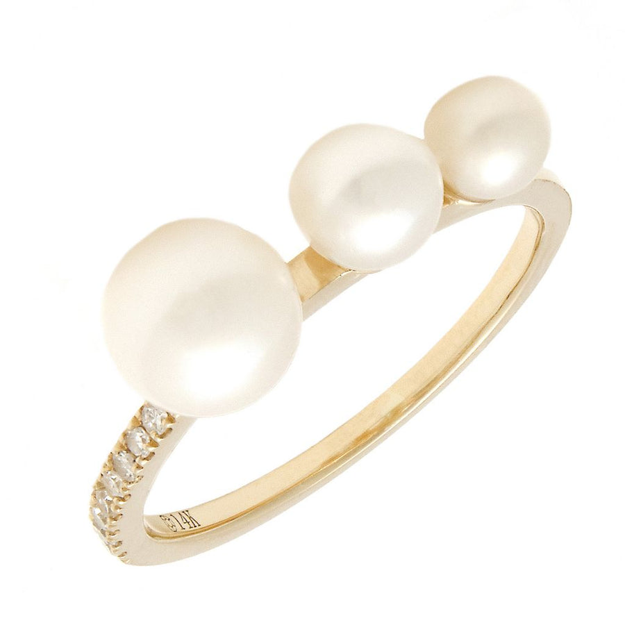 14K Solid Gold Pearls Ring with Pave Diamonds