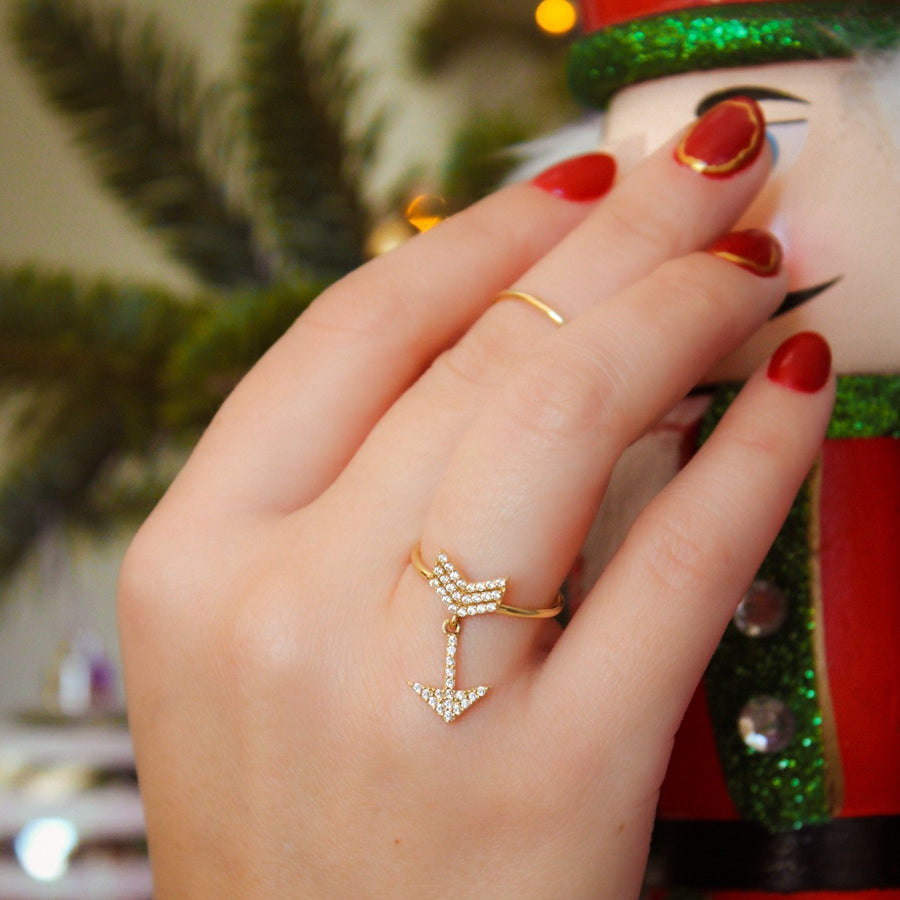 14K Solid Yellow Gold CZ Arrow Ring