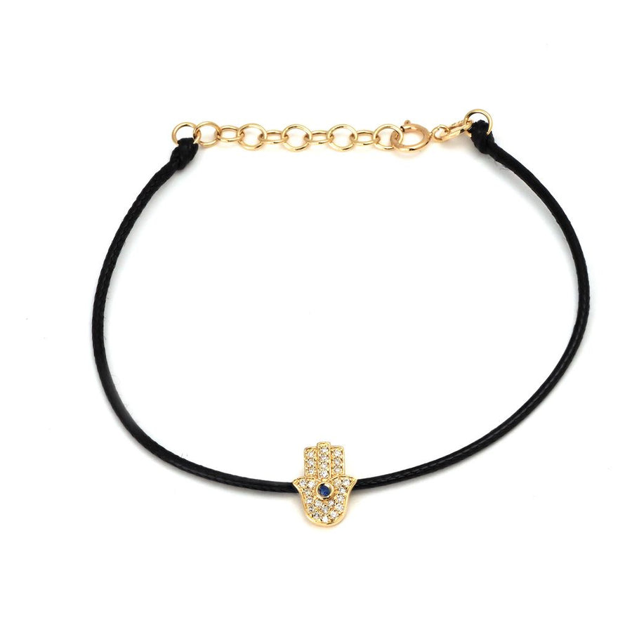 14K Solid Yellow Gold Diamond & Sapphire Hamsa Hand Leather Cord Bracelet