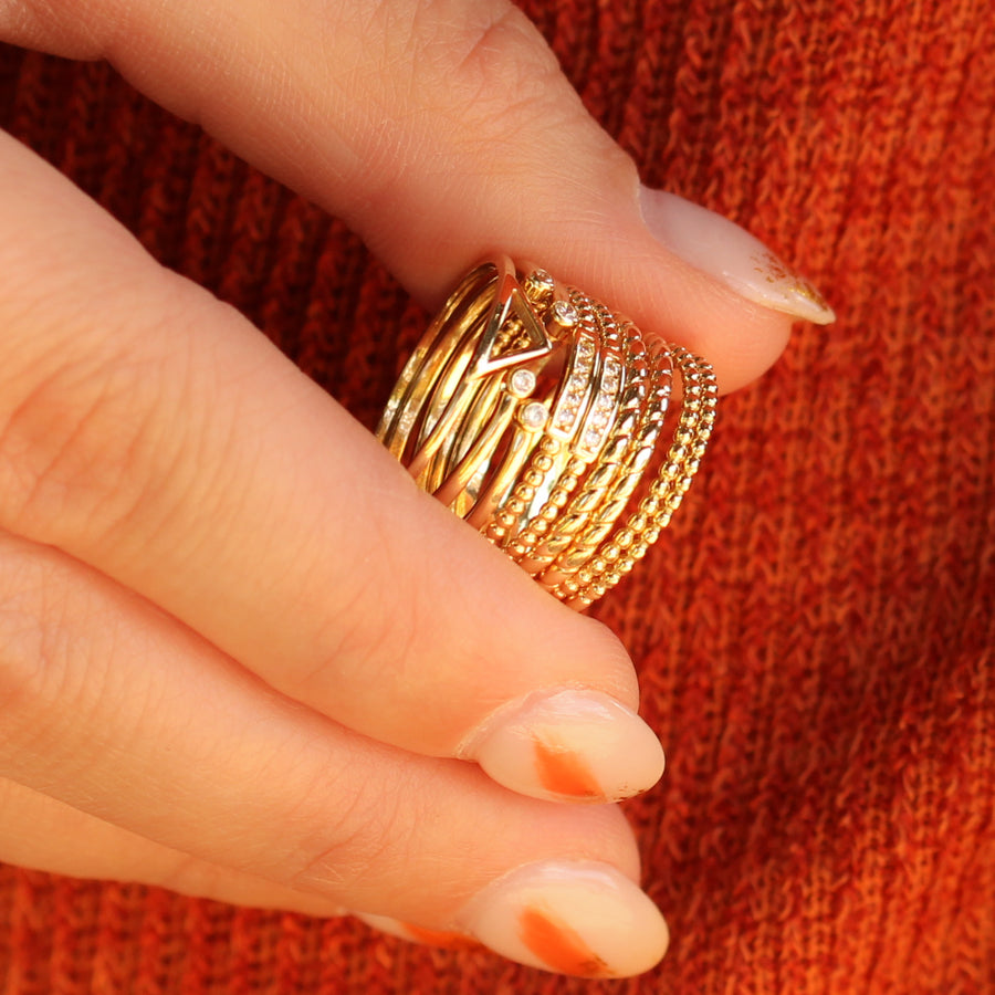 14K Solid Yellow Gold CZ Bezels Cuff Ring