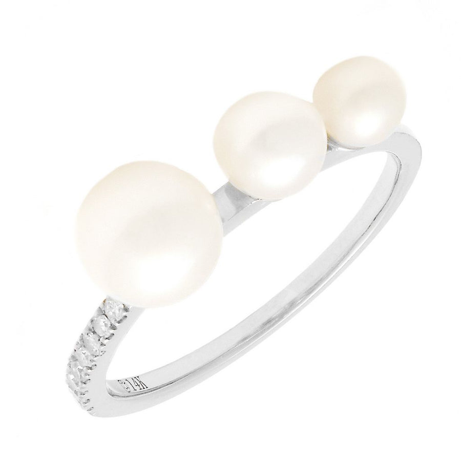 14K Solid Gold Pearls Ring with Pave Diamonds