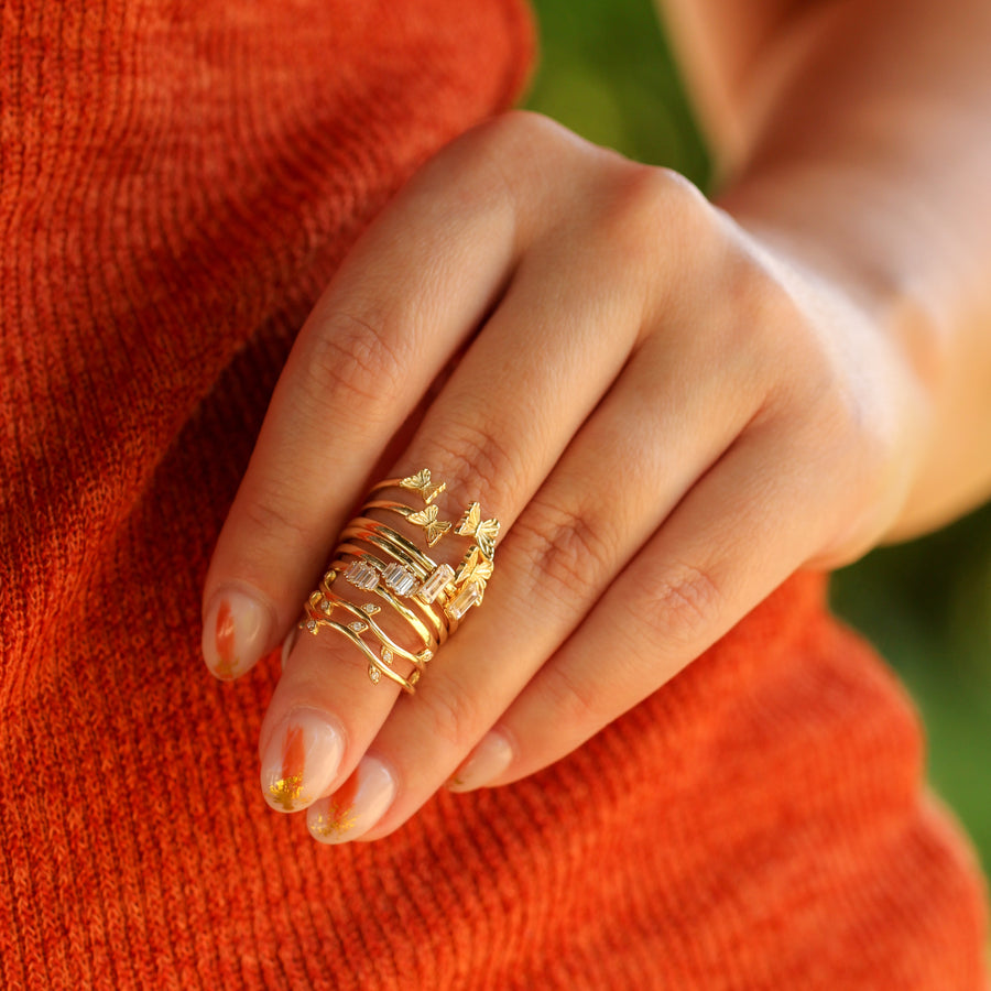 14K Solid Yellow Gold Butterflies Cuff Ring