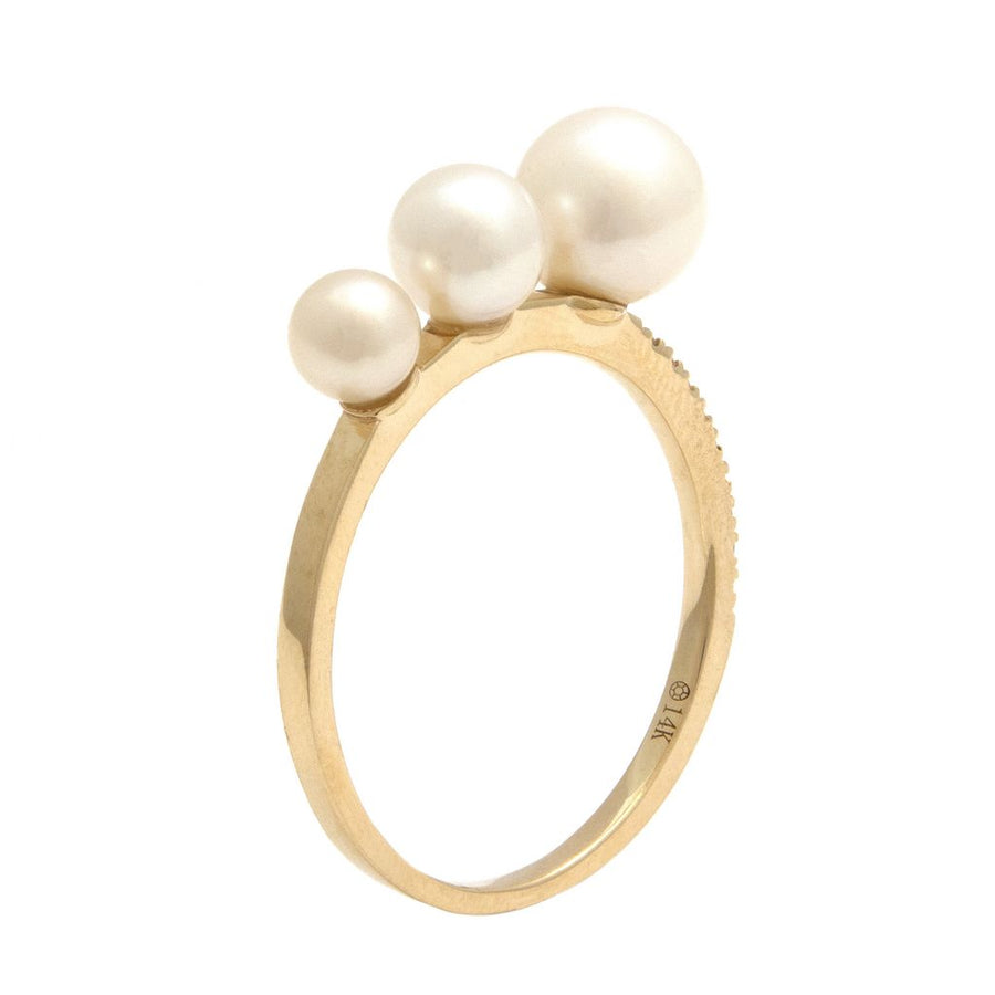 14K Solid Gold Pearls Ring with Pave Diamonds