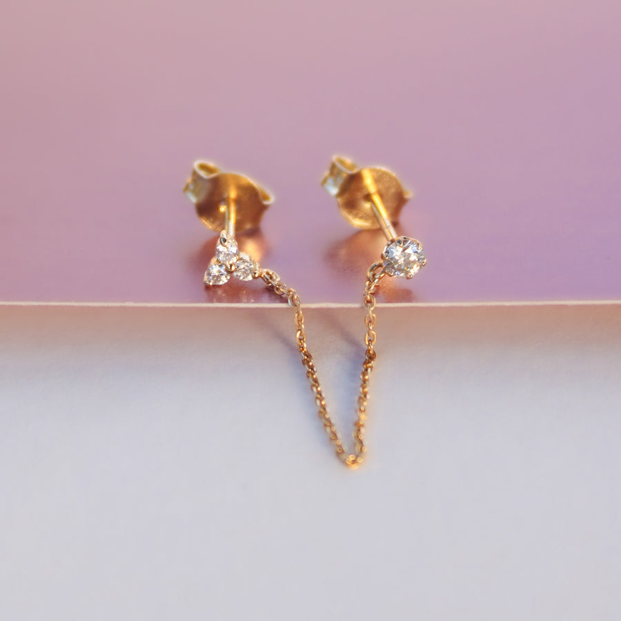 18K Solid Yellow Gold Two-Piercing Diamond Earrings