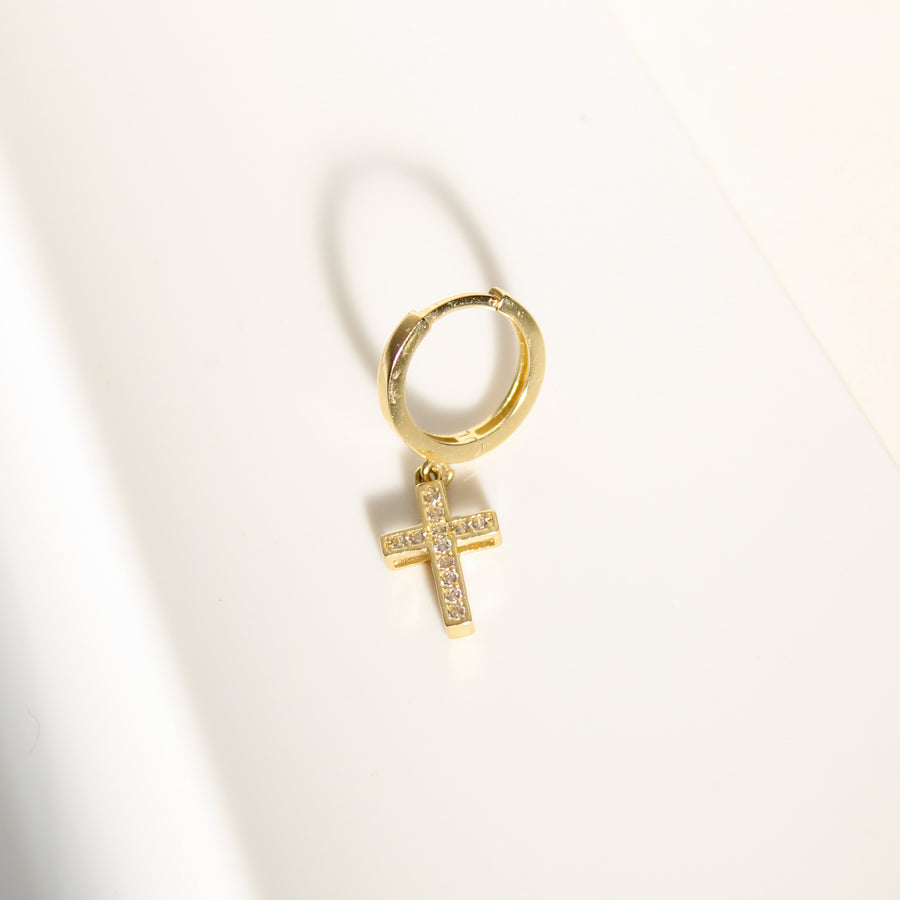 14K Solid Gold Unisex CZ Cross Single Huggie Hoop