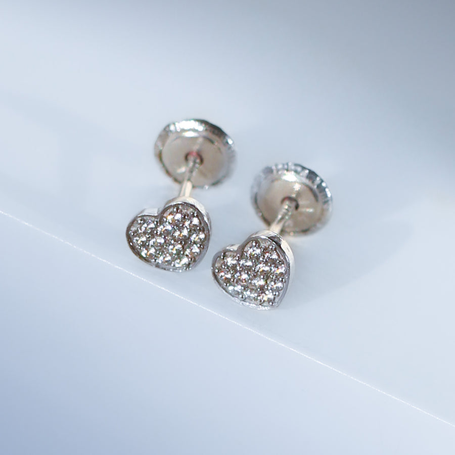 14K Solid White Gold CZ Heart Earrings