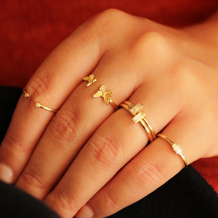 14K Solid Yellow Gold Butterflies Cuff Ring