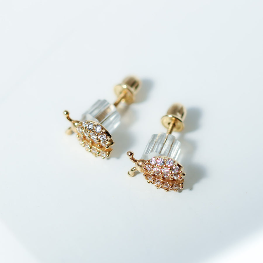 14K Solid Yellow Gold CZ Ladybug Earrings